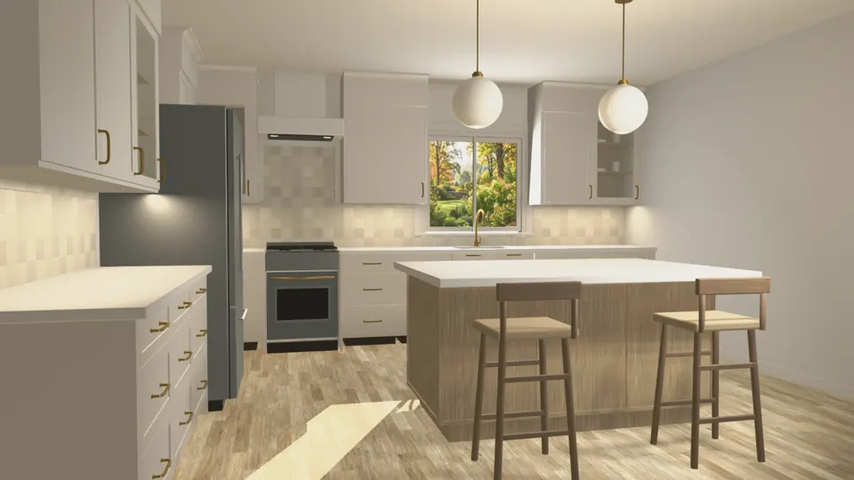 Warm New England. Bone Shaker cabinetry, a pale oak island and brass in the 14 × 16 ft reference kitchen, autumn afternoon preset.